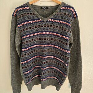 Maglia Lambswool Fair Isle V-Neck Sweater Gray Blue Red Vintage Knit Unisex